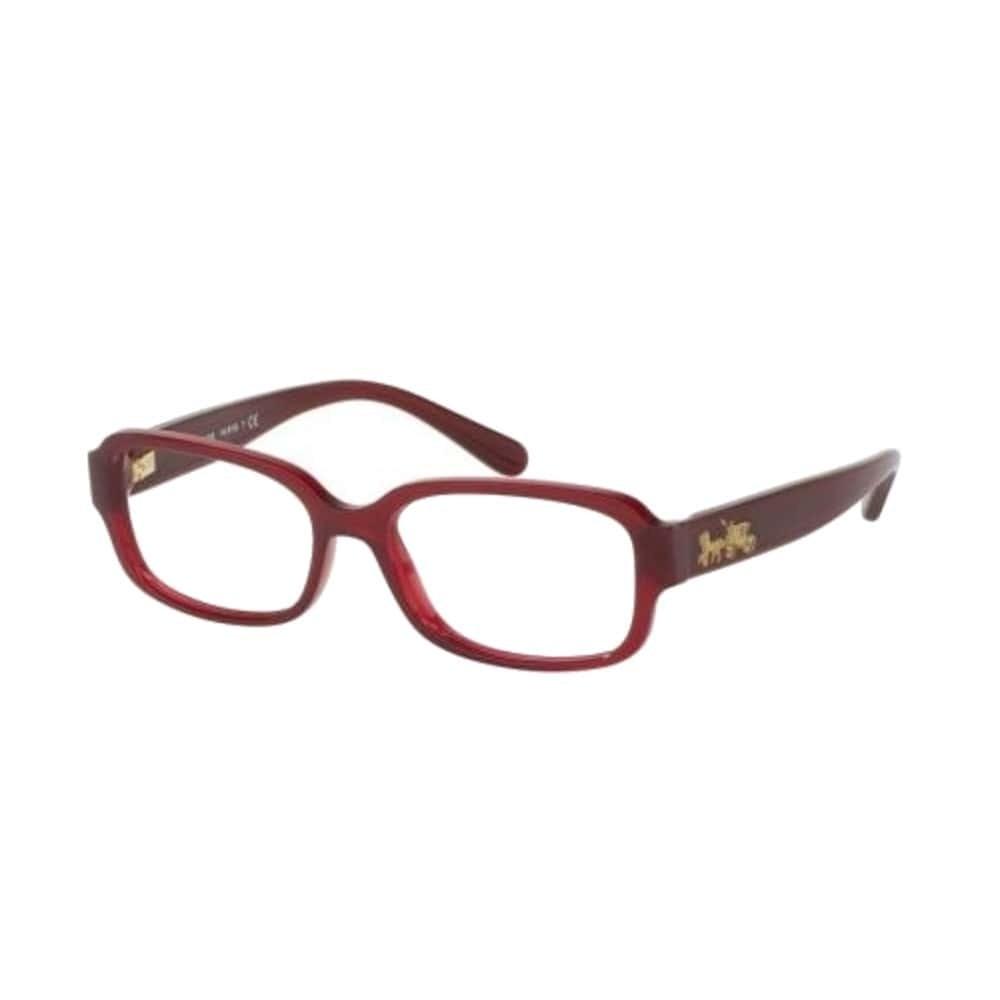 Coach HC6105-5450 Aubergine Rectangular Women's Plastic Eyeglasses displayed with a stylish case and paperwork.